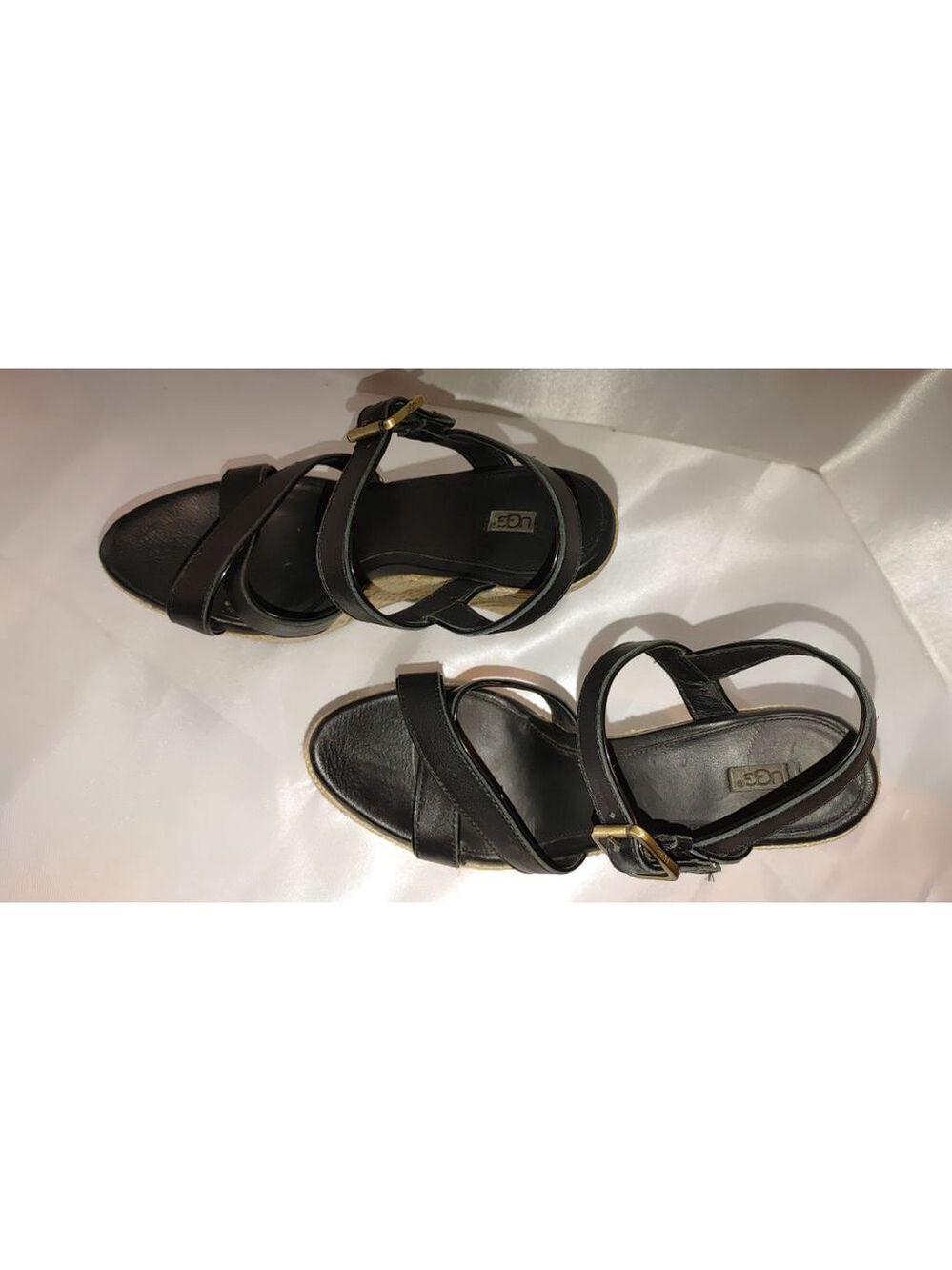 UGG Jackilyn Black Leather Espadrille Wedge Sandals Size 9.5 - Picture 2 of 8